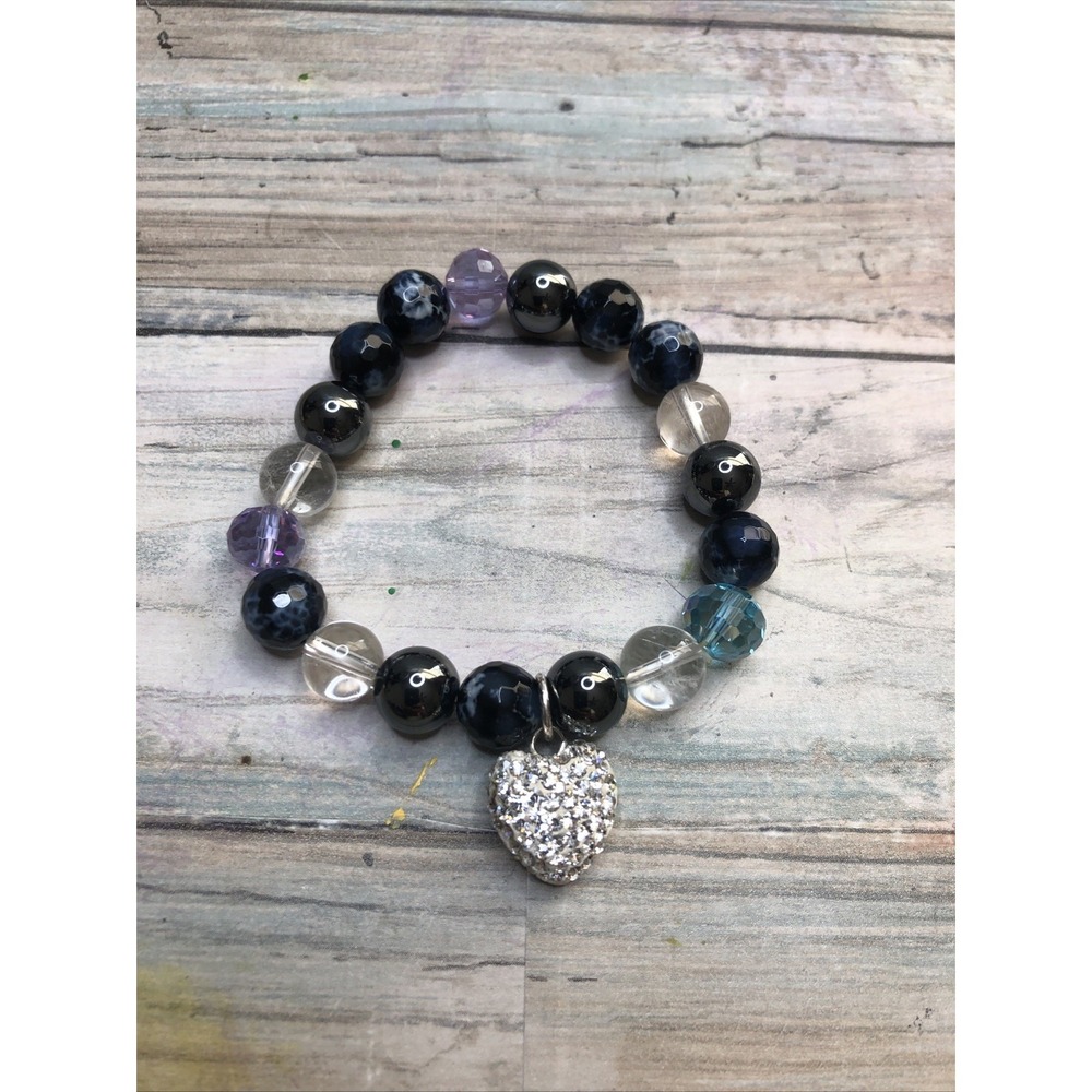 Stretch Beaded Semi Precious Bracelet rhinestone heart Healing‎ Hematite
